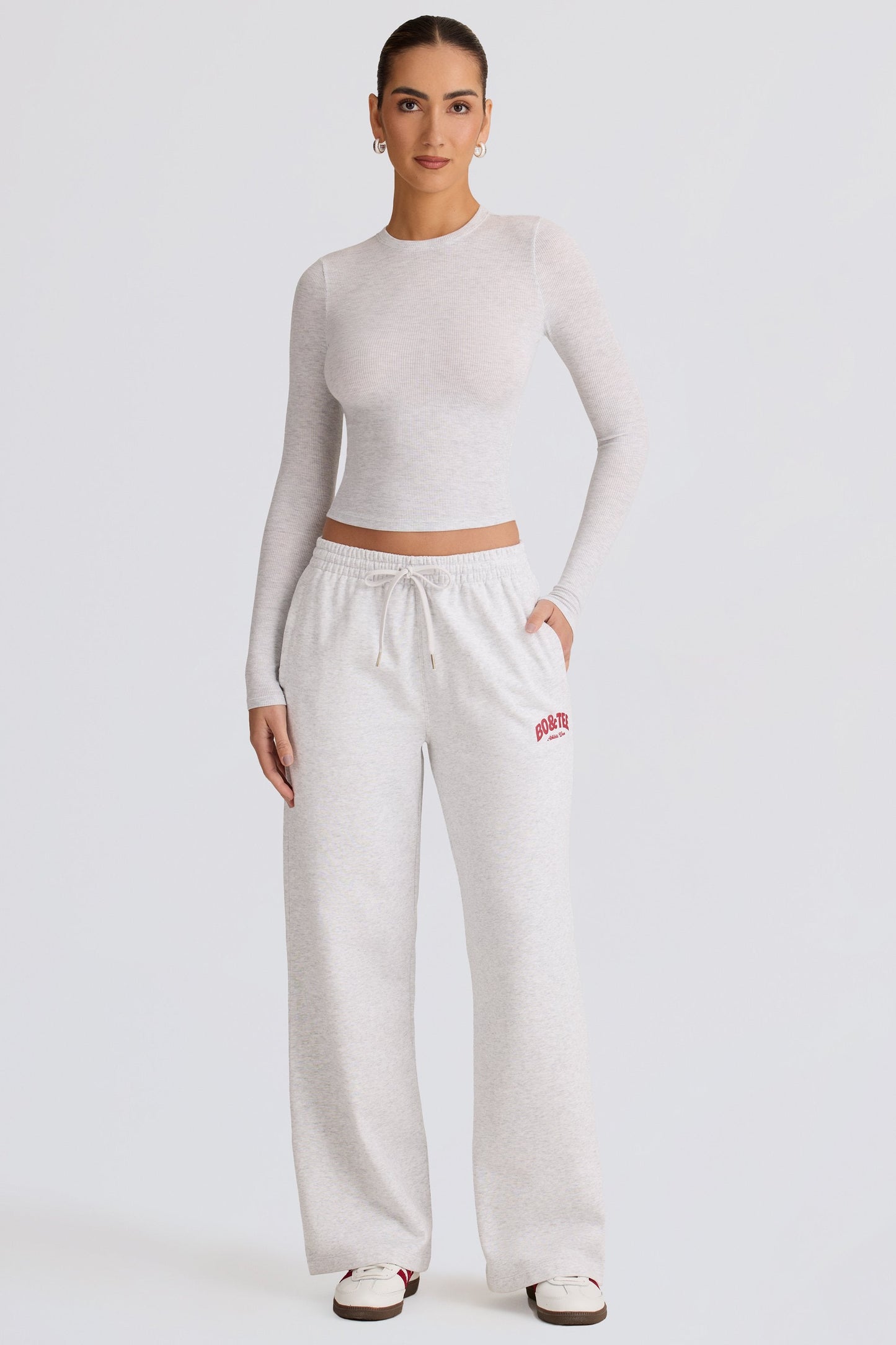 Soft Cotton Mid-Rise Wide-Leg Joggers in Grey Marl